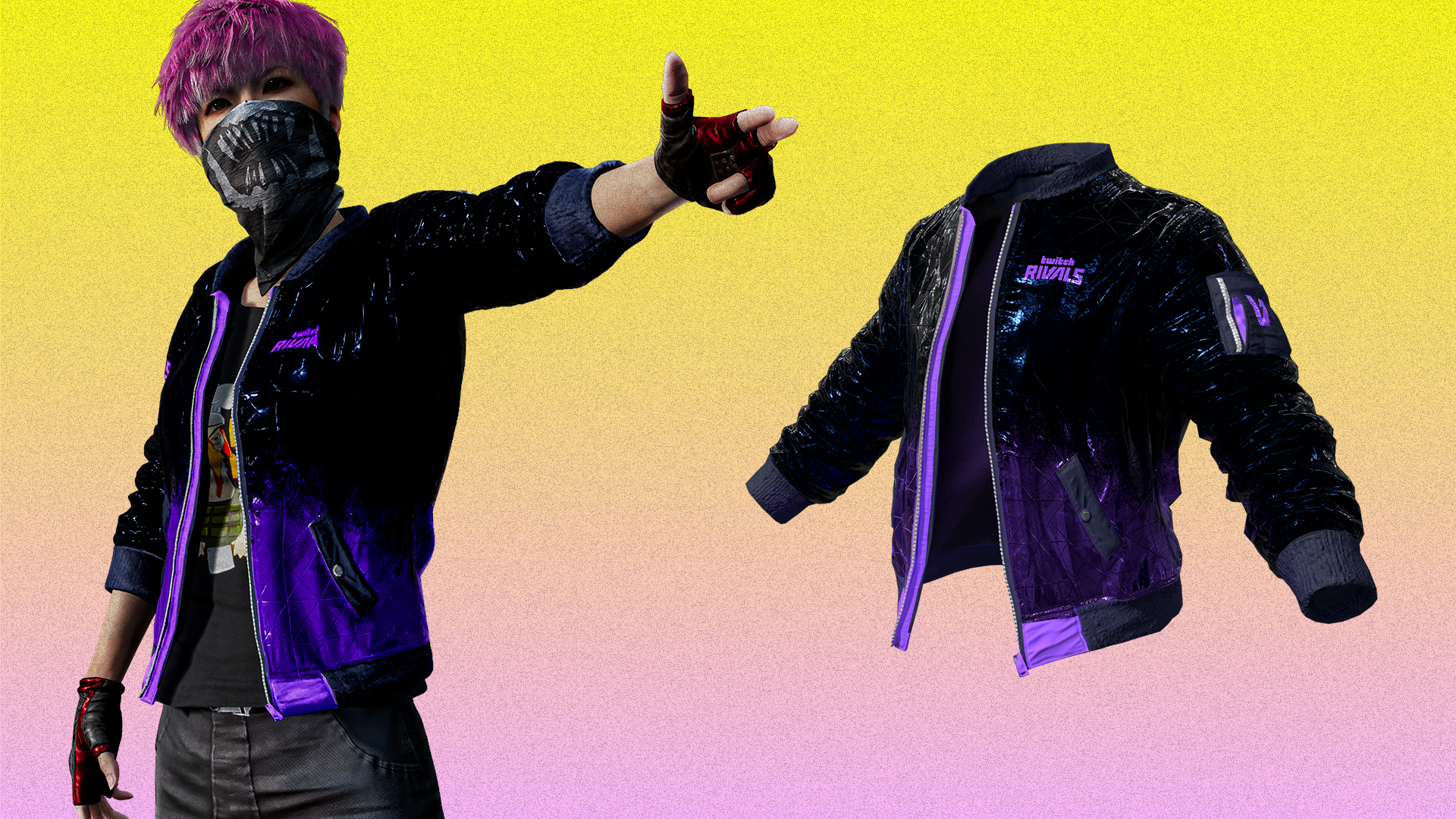 Purple and black jacket concept shown on a character and as a product render
