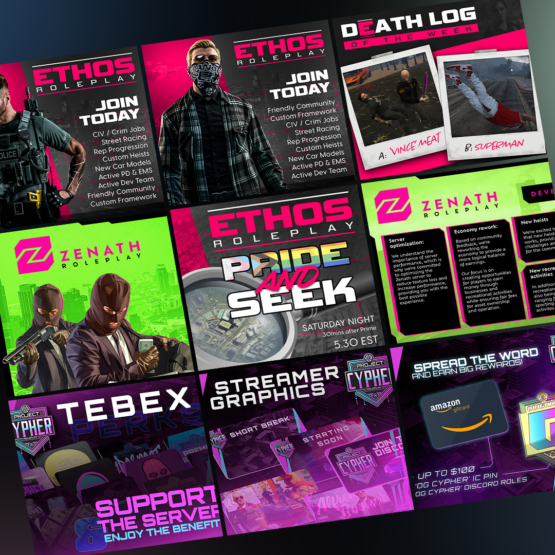 A collage of gaming community graphics, launch assets and roleplay server social posts